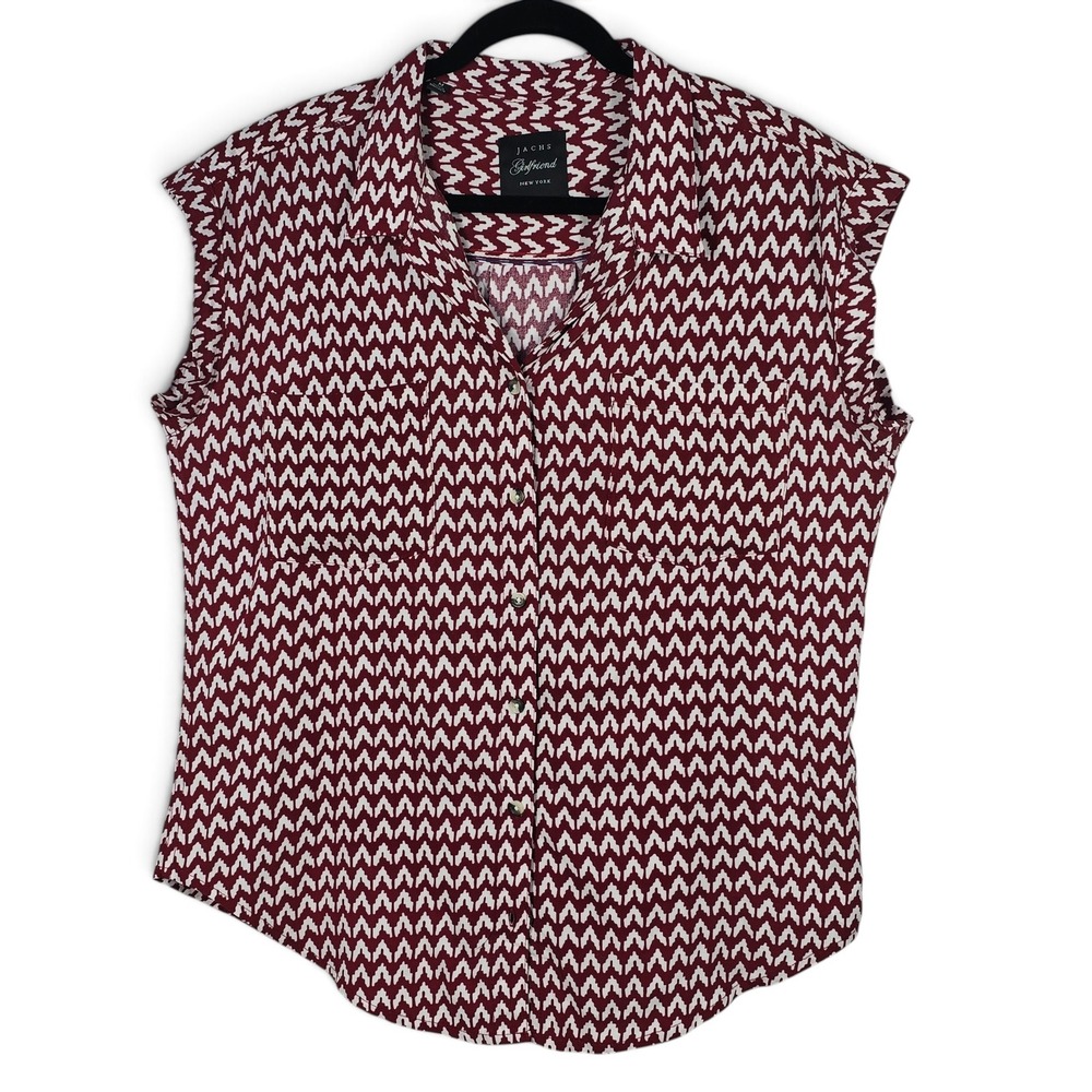 Jachs Girlfriend Top Women Medium Sleeveless Button Down Burgundy Chevron Print